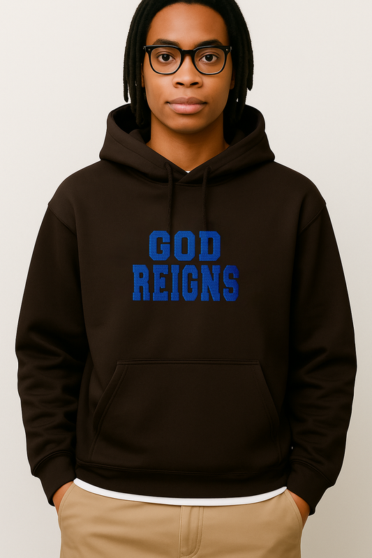 God Reigns Embroidered Unisex Brown Hoodie